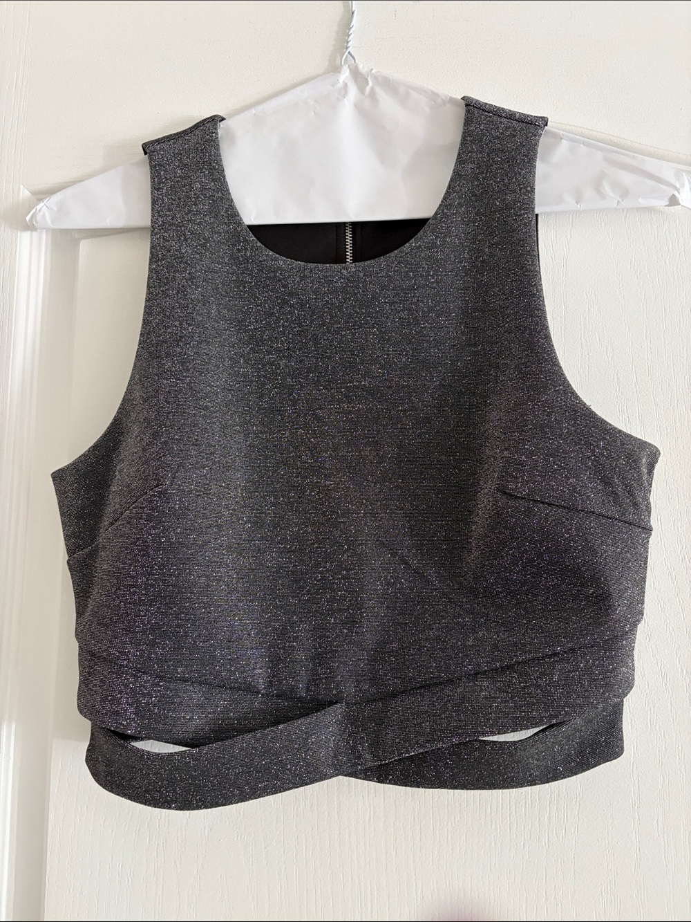 Dynamite Black Shimmer Crop Top with Crisscross Hem